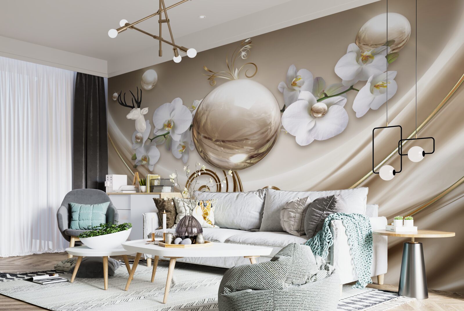 Fotobehang een bol van gouden en sneeuwwitte orchideeën