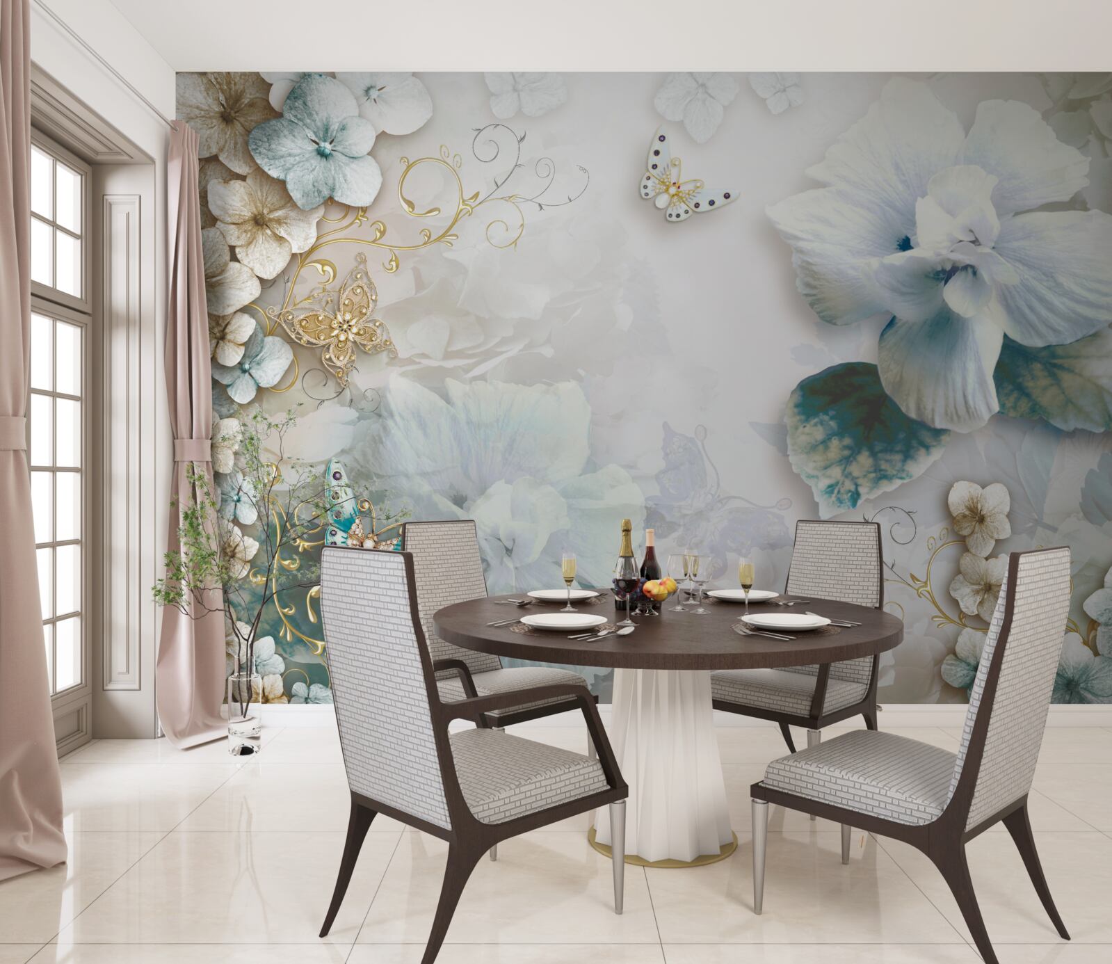 Fotobehang vlinders en bloemen in turkooistinten