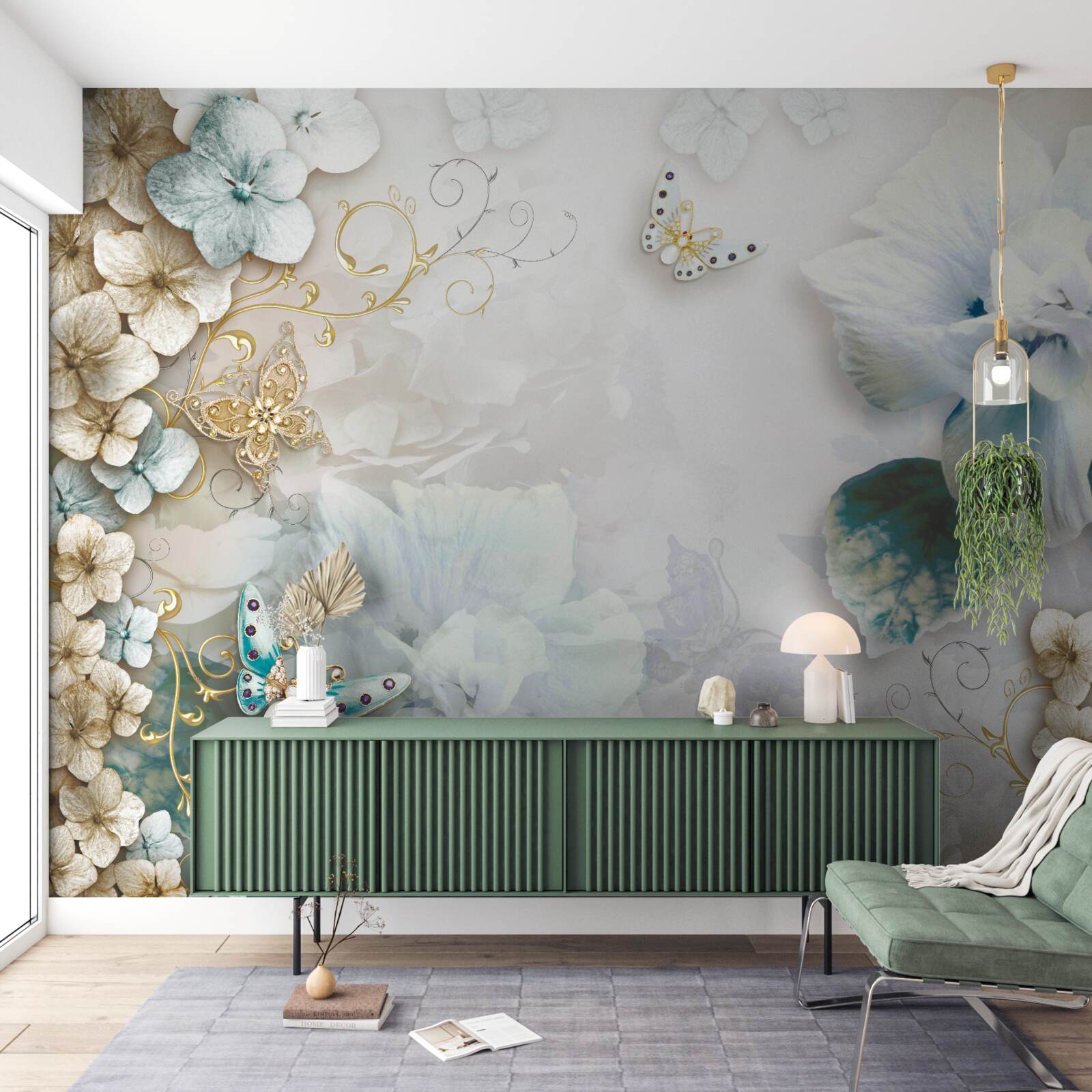 Fotobehang vlinders en bloemen in turkooistinten