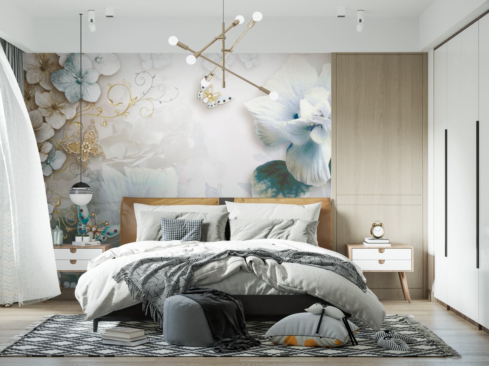 Fotobehang vlinders en bloemen in turkooistinten