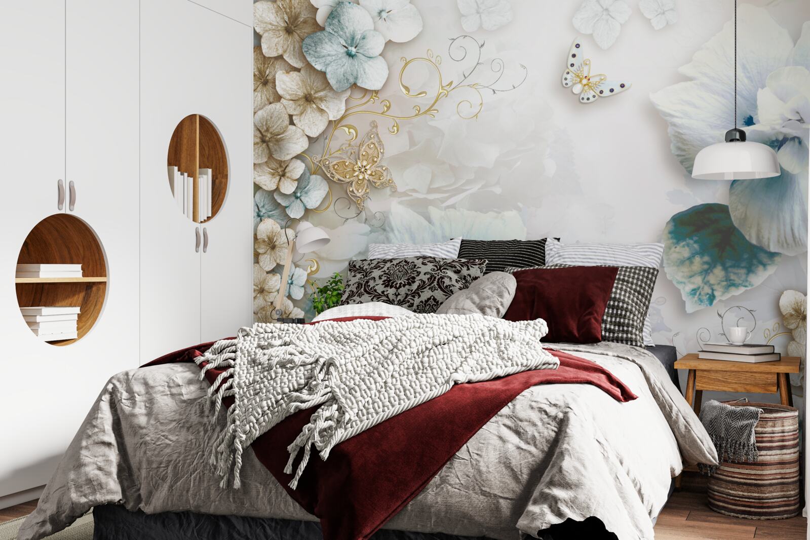 Fotobehang vlinders en bloemen in turkooistinten