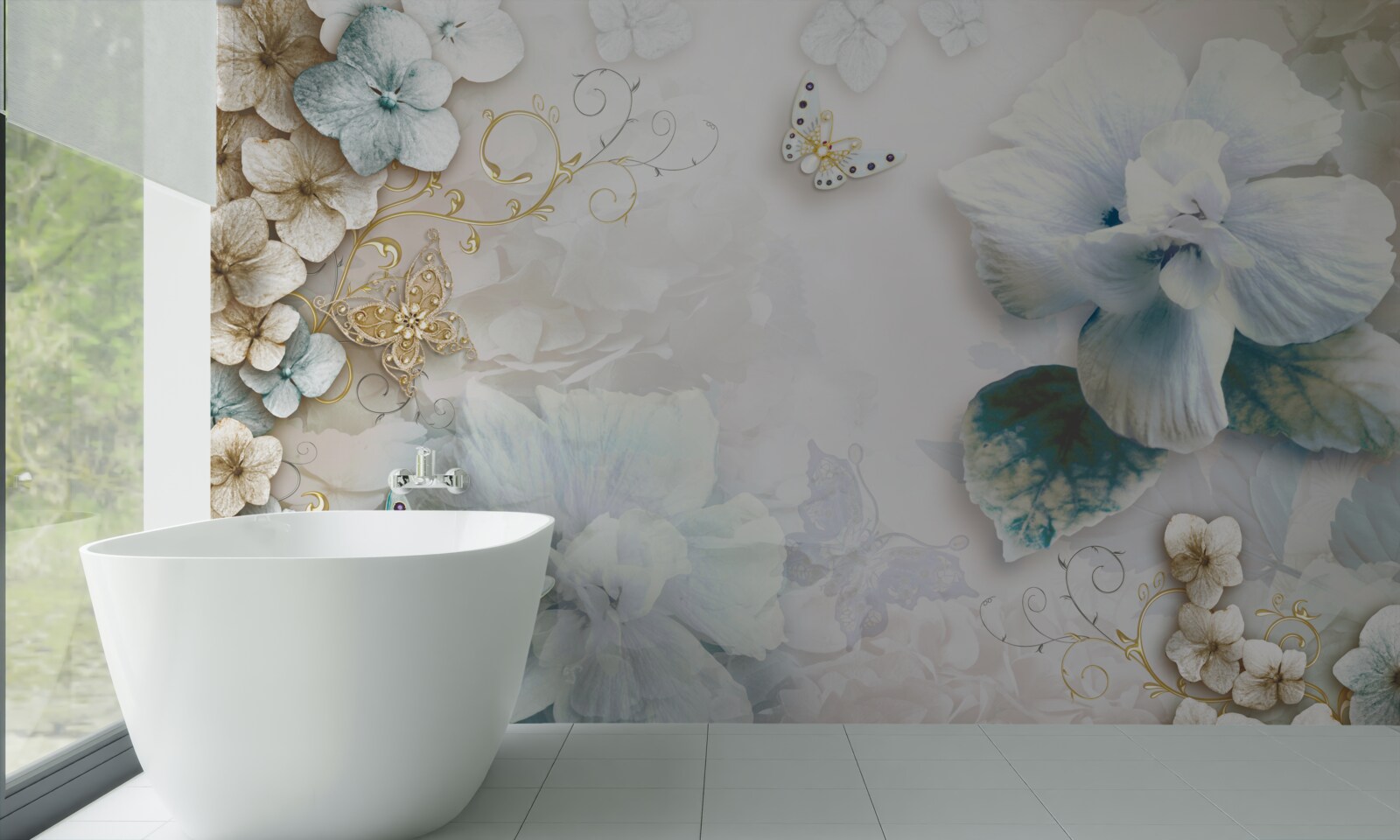 Fotobehang vlinders en bloemen in turkooistinten