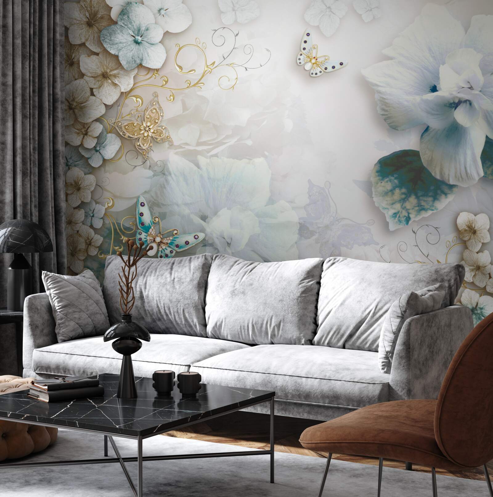 Fotobehang vlinders en bloemen in turkooistinten
