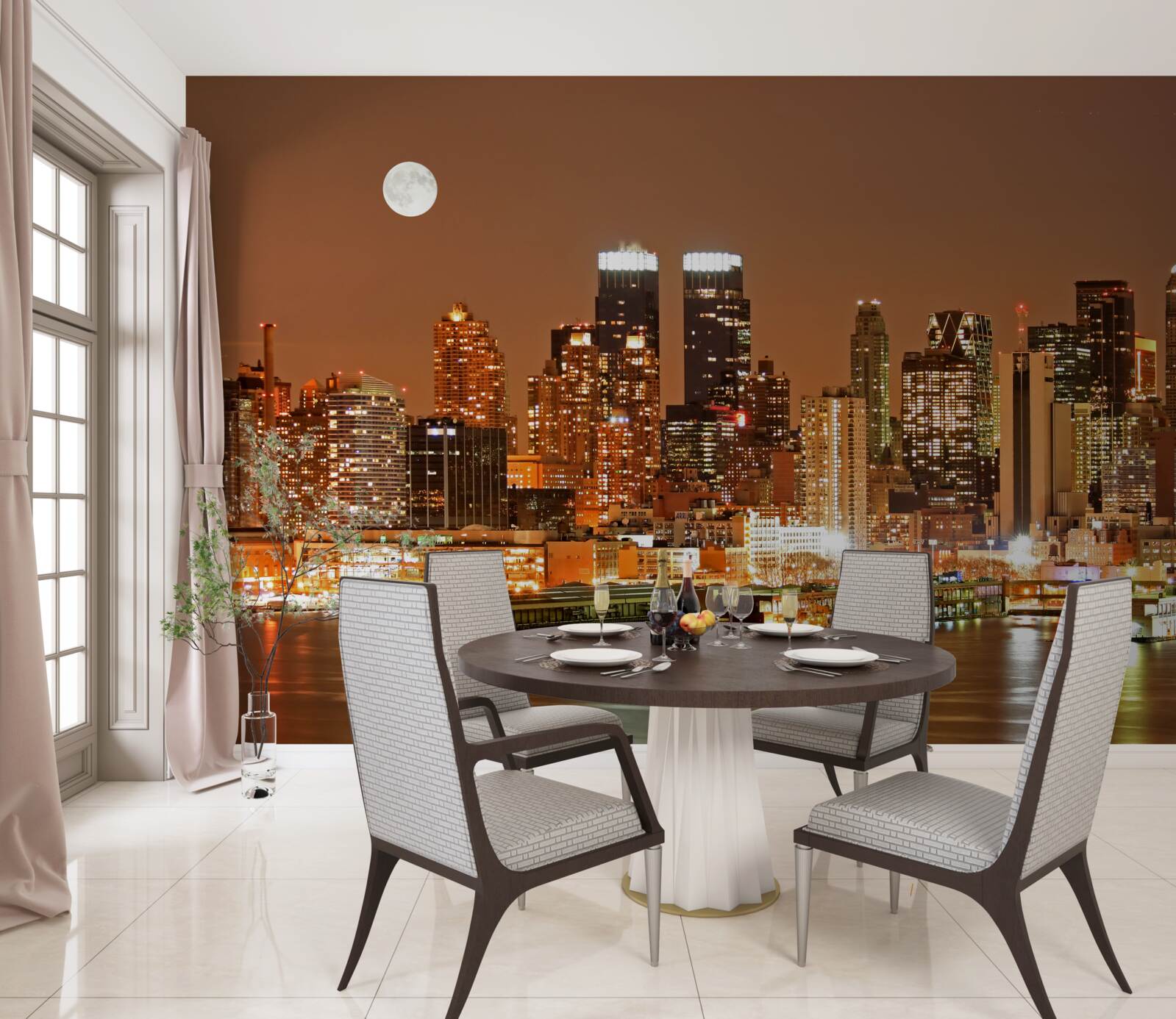 Fotobehang de stad wordt verlicht door een volle maan