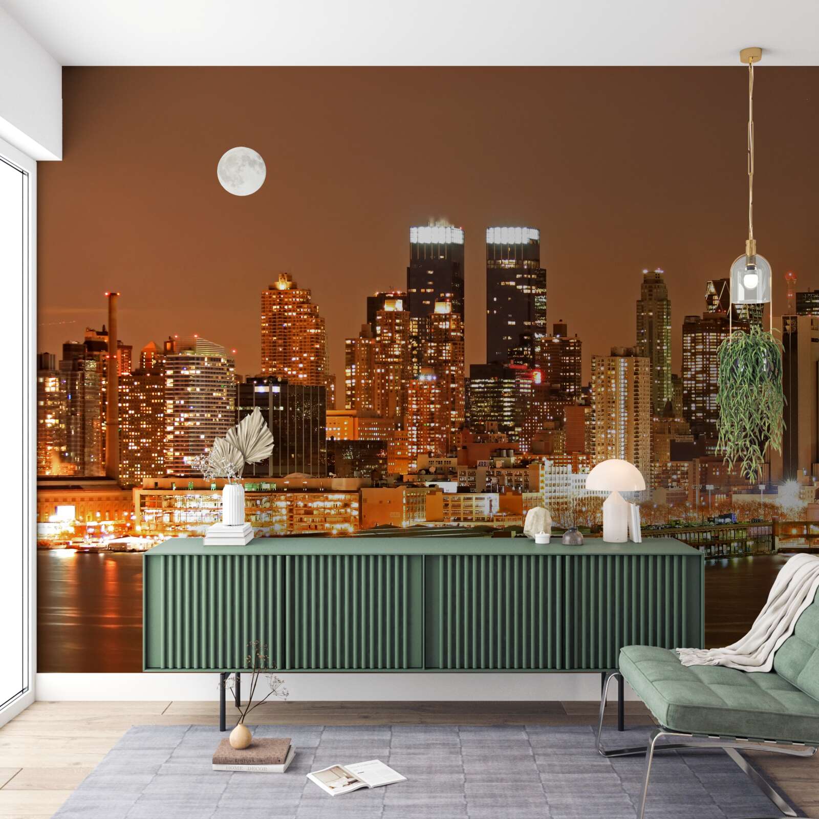 Fotobehang de stad wordt verlicht door een volle maan