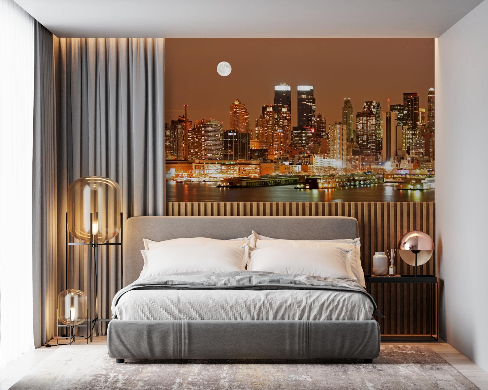 Fotobehang de stad wordt verlicht door een volle maan