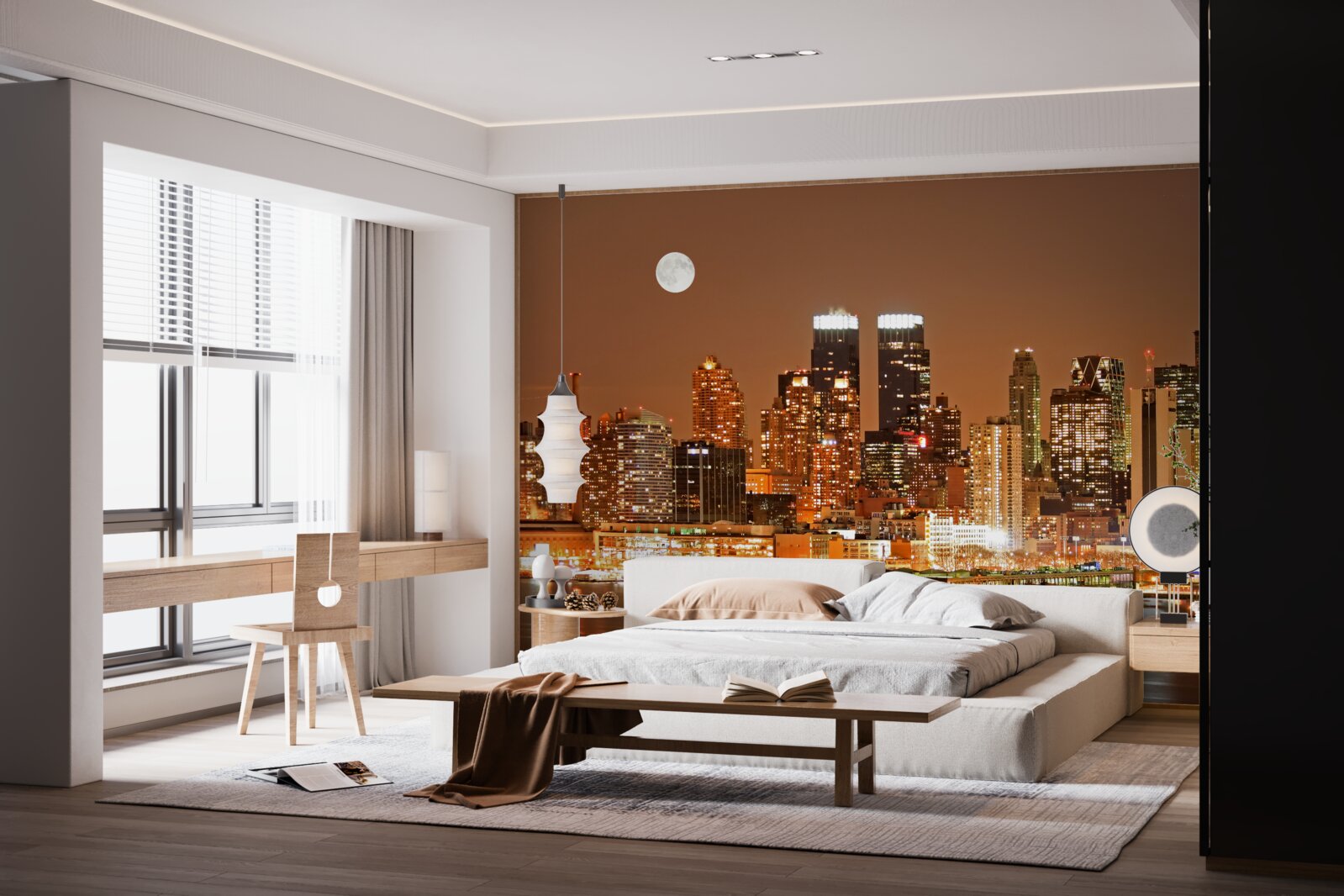 Fotobehang de stad wordt verlicht door een volle maan