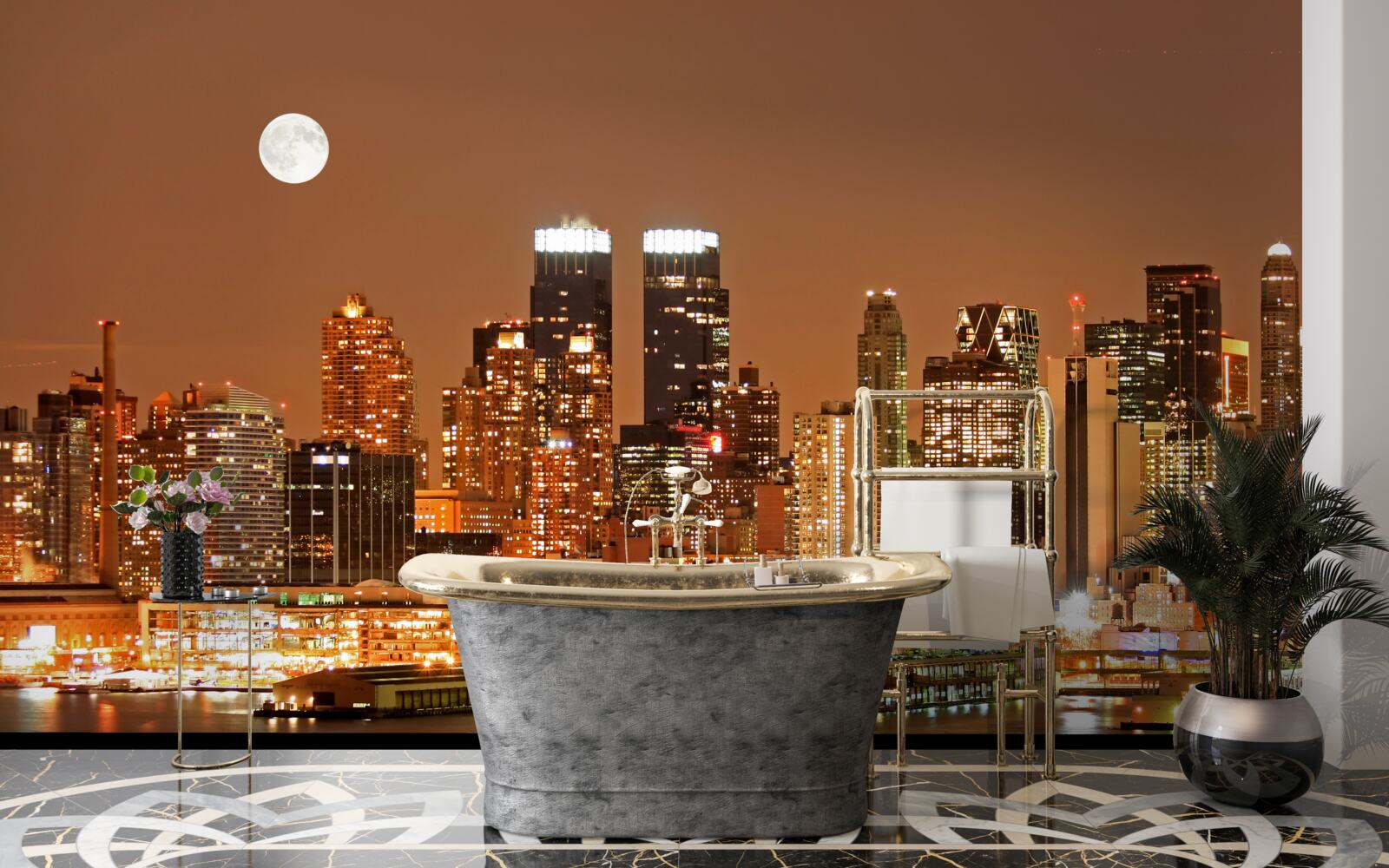 Fotobehang de stad wordt verlicht door een volle maan