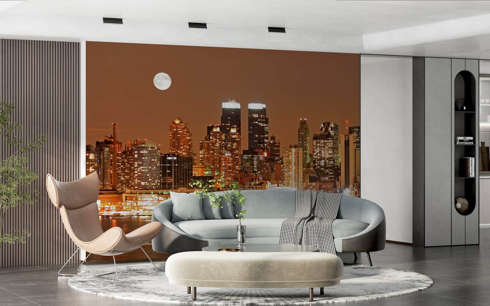 Fotobehang de stad wordt verlicht door een volle maan