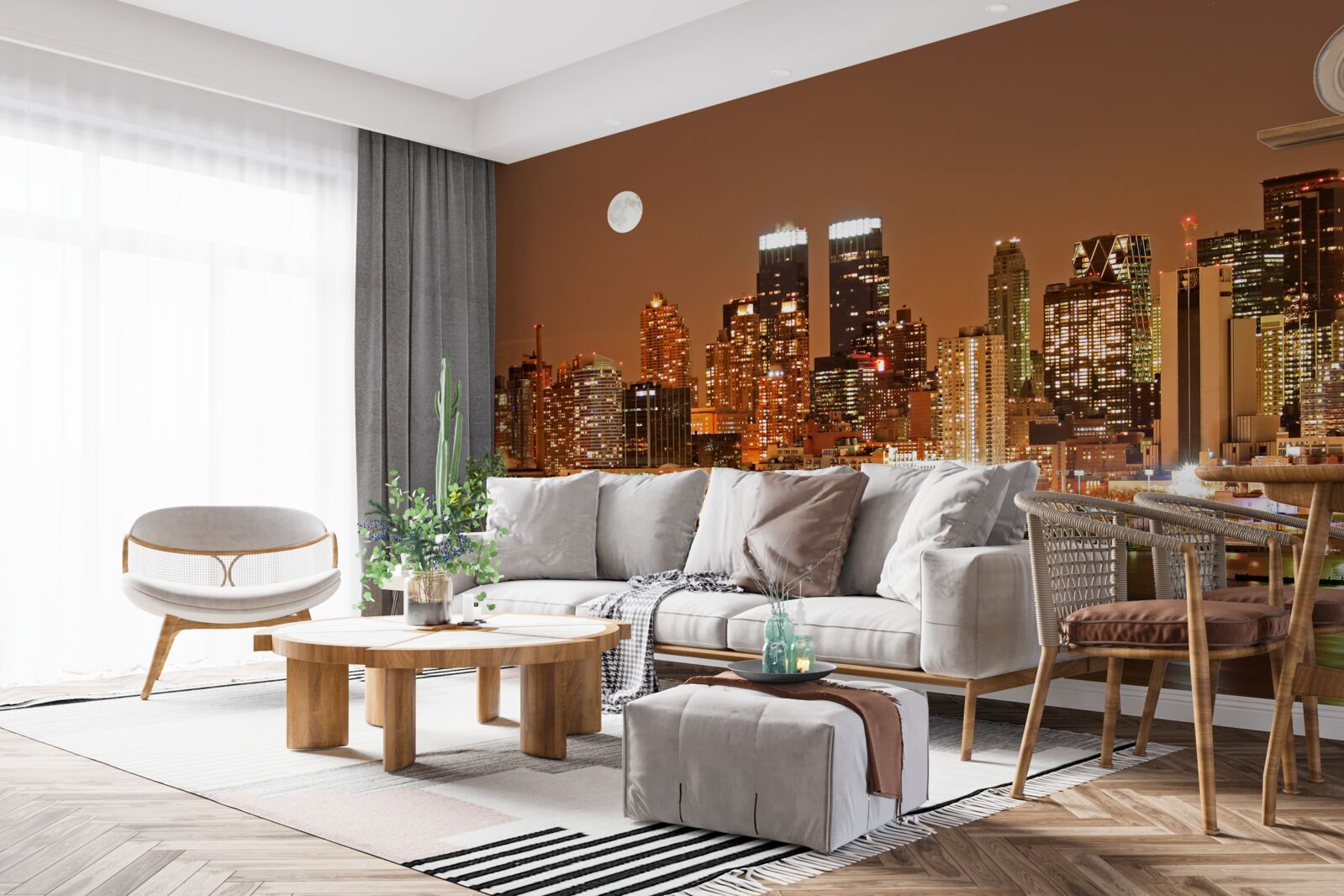 Fotobehang de stad wordt verlicht door een volle maan