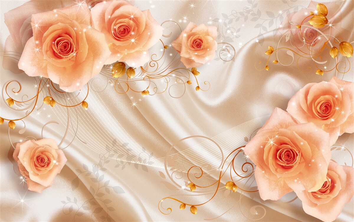 Fotobehang oranje rozen op zijdesatijn