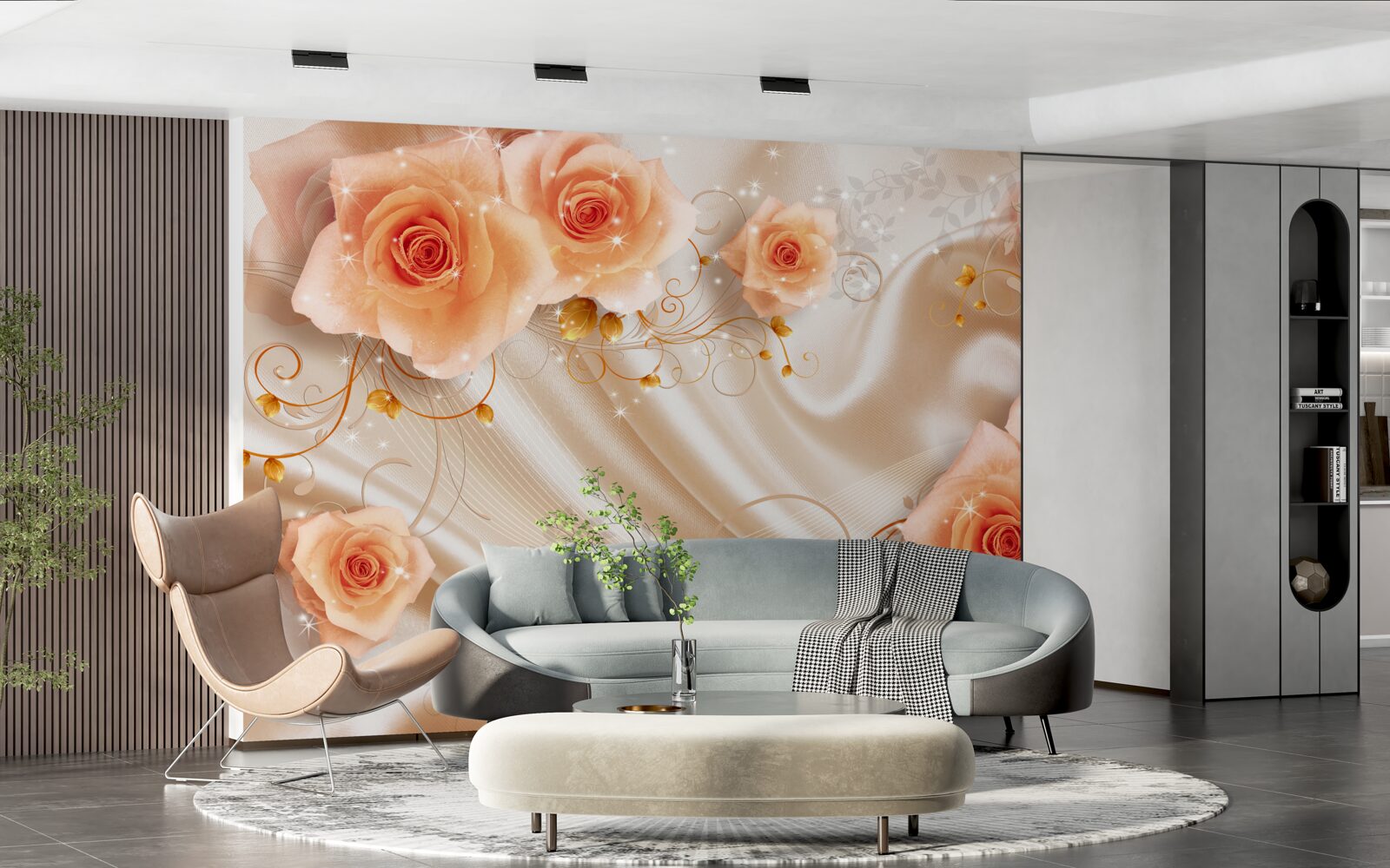 Fotobehang oranje rozen op zijdesatijn