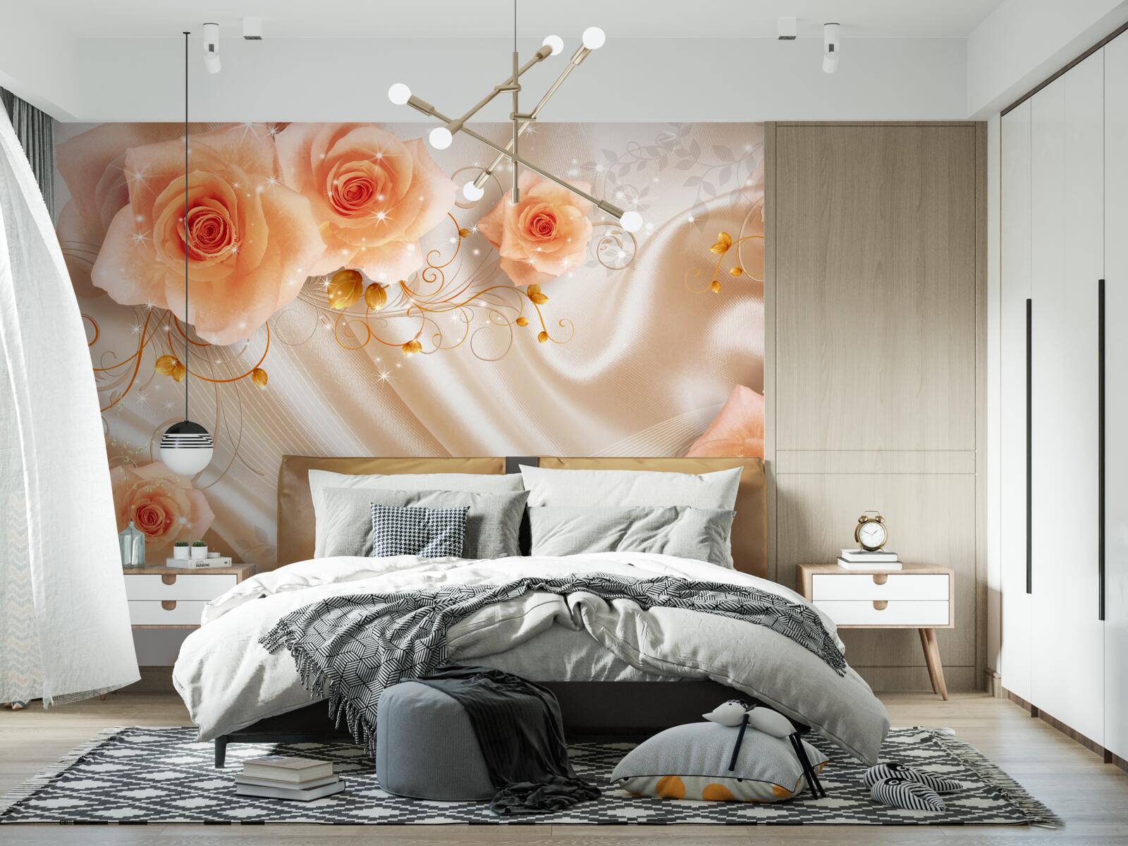 Fotobehang oranje rozen op zijdesatijn