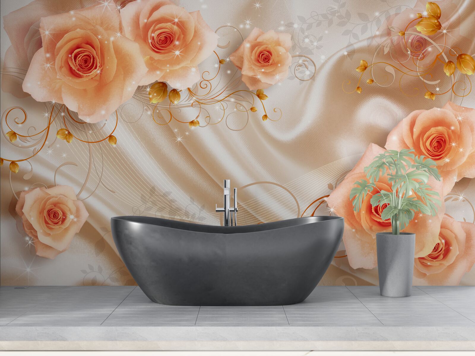 Fotobehang oranje rozen op zijdesatijn