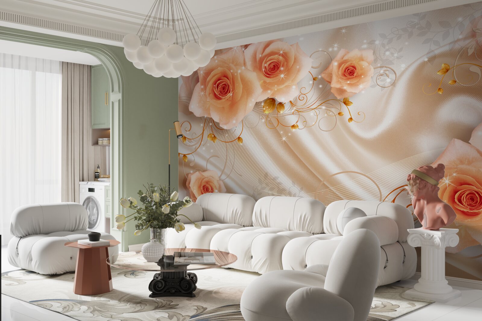 Fotobehang oranje rozen op zijdesatijn