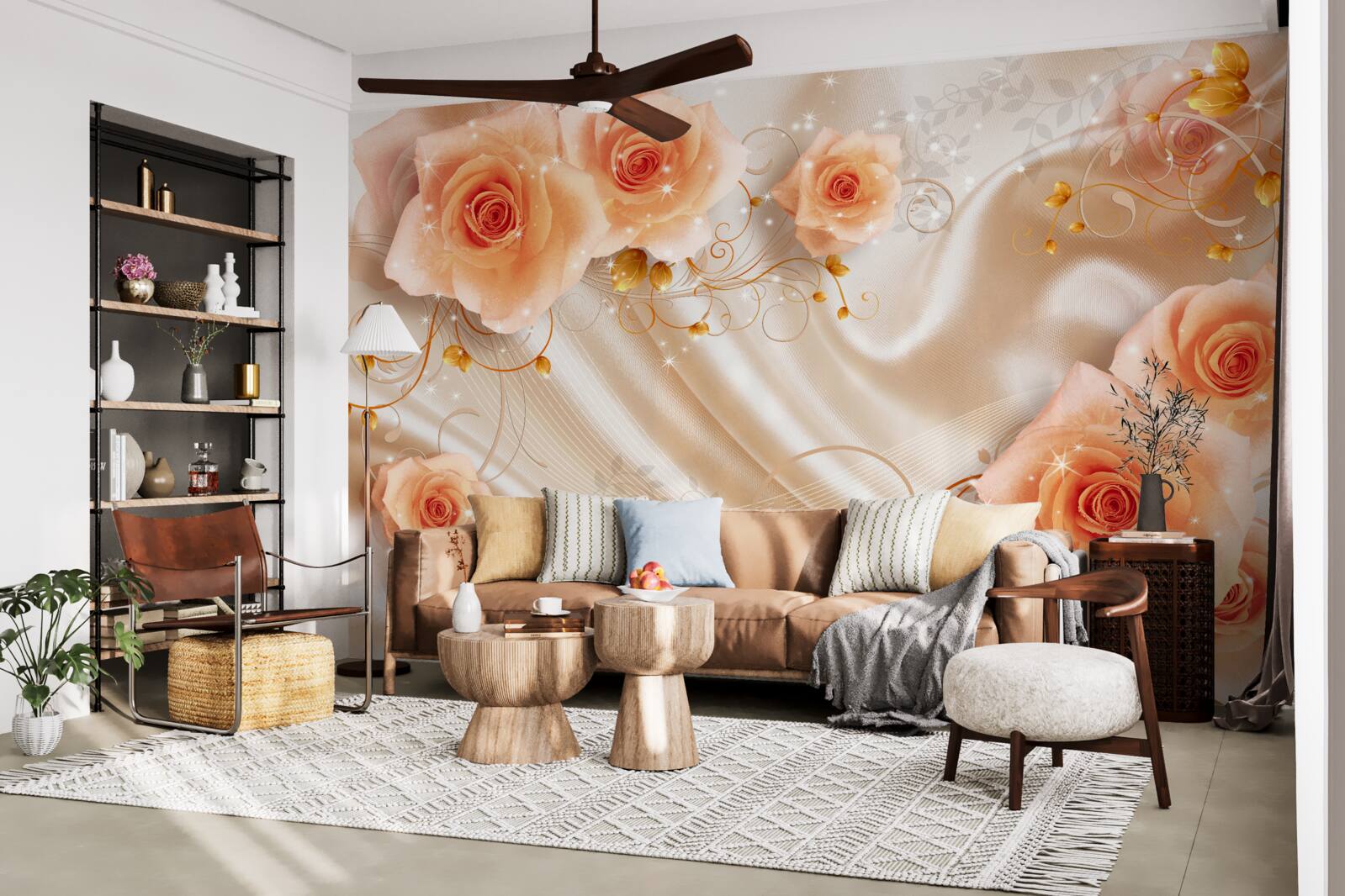 Fotobehang oranje rozen op zijdesatijn