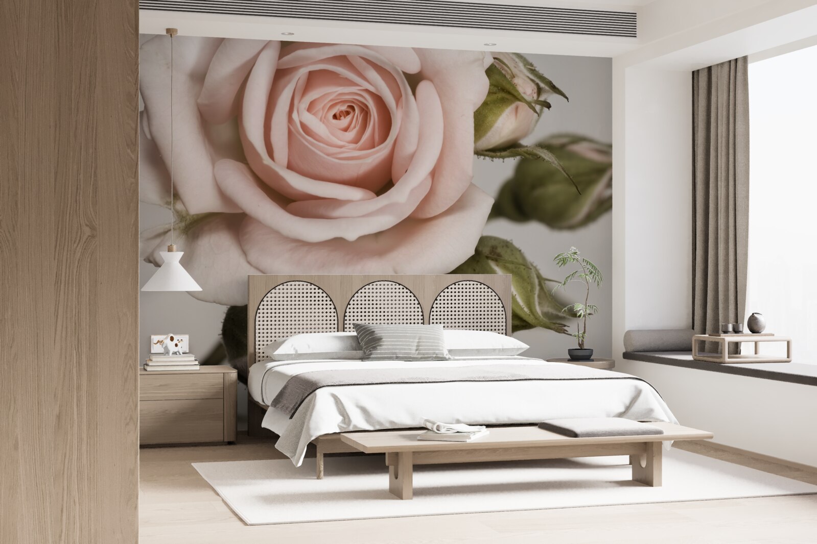 Fotobehang een roos in de tint poederroze en haar bloemknoppen