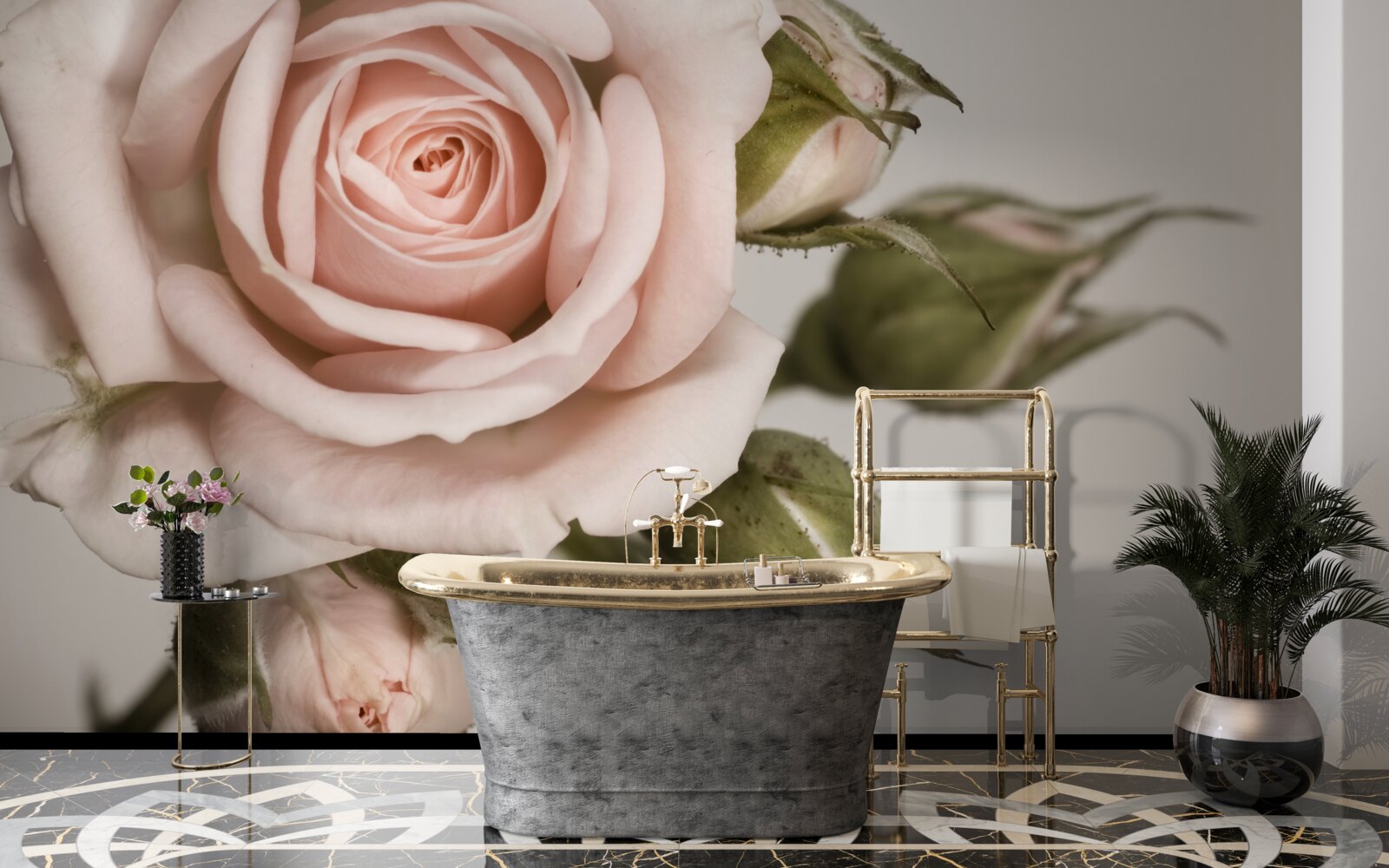 Fotobehang een roos in de tint poederroze en haar bloemknoppen