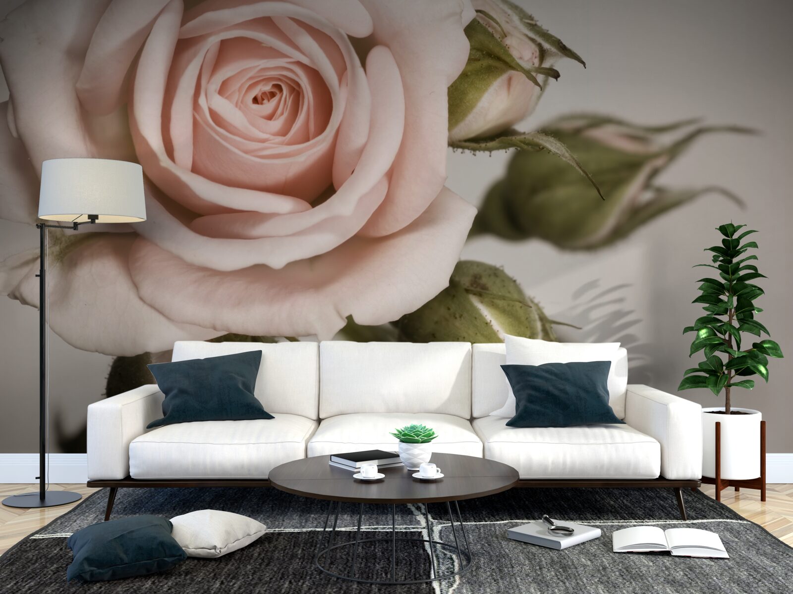 Fotobehang een roos in de tint poederroze en haar bloemknoppen