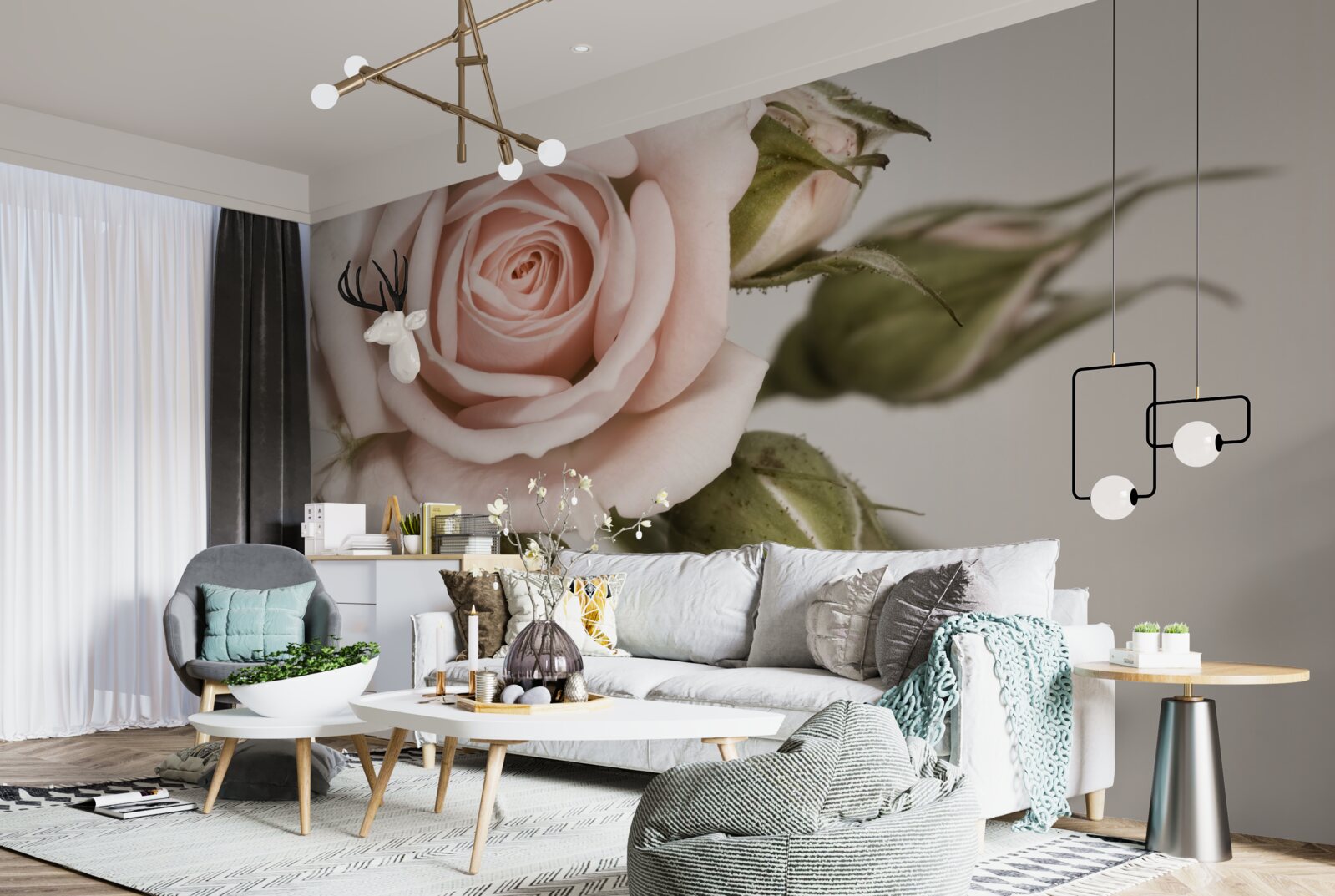 Fotobehang een roos in de tint poederroze en haar bloemknoppen