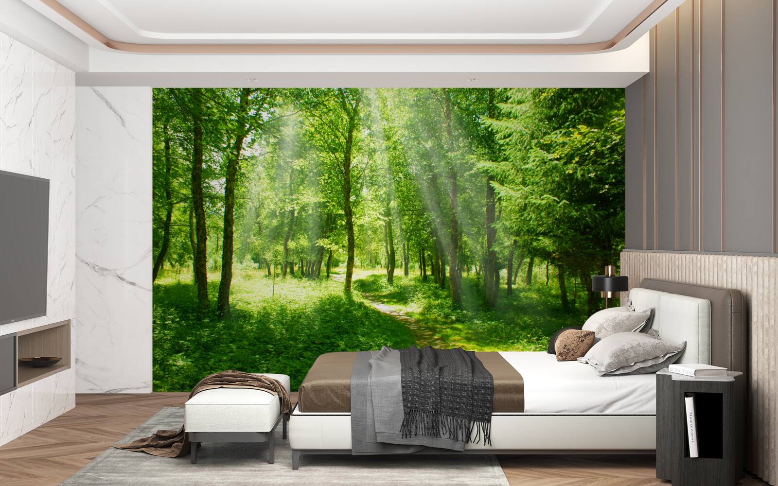 Fotobehang de zonnestralen schijnen helder door de kronen van de bosbomen