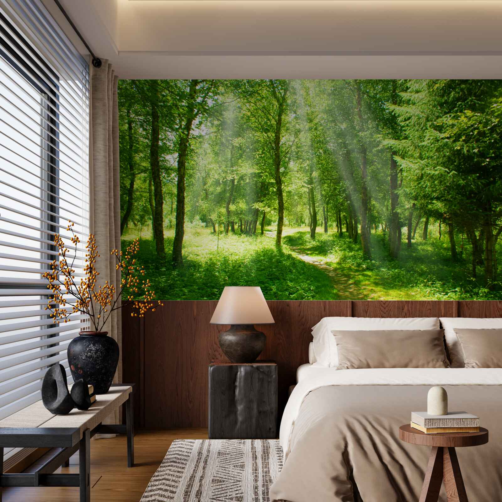 Fotobehang de zonnestralen schijnen helder door de kronen van de bosbomen