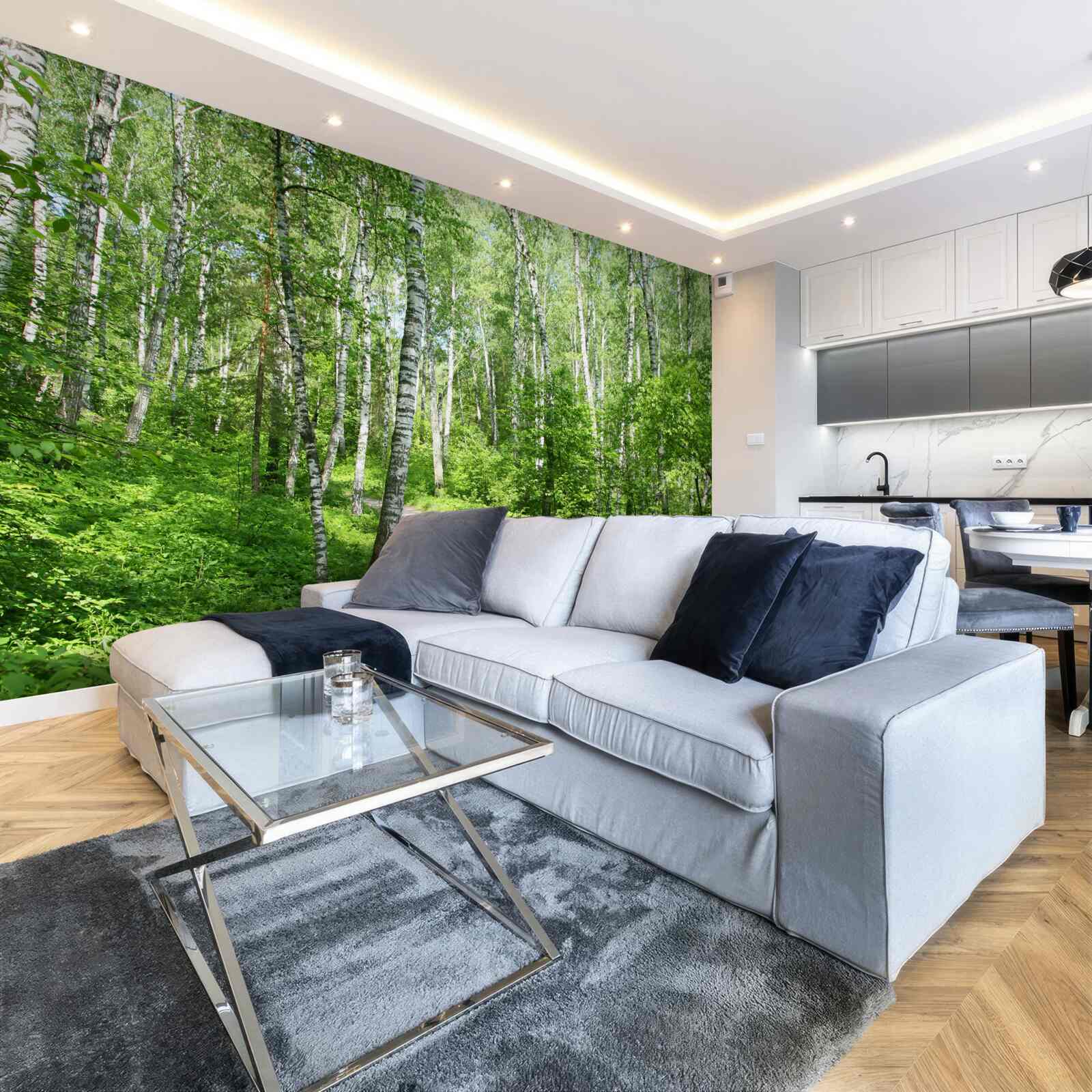 Fotobehang Pad door het berkenbos tijdens het zomerseizoen