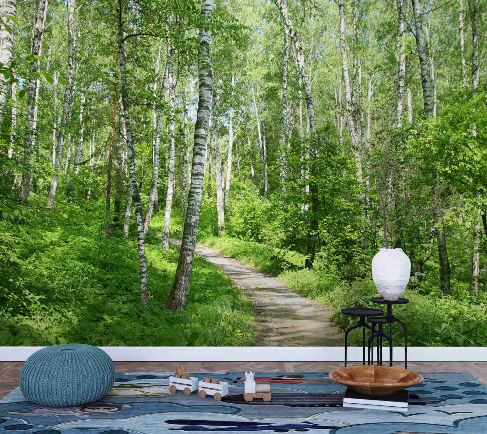 Fotobehang Pad door het berkenbos tijdens het zomerseizoen