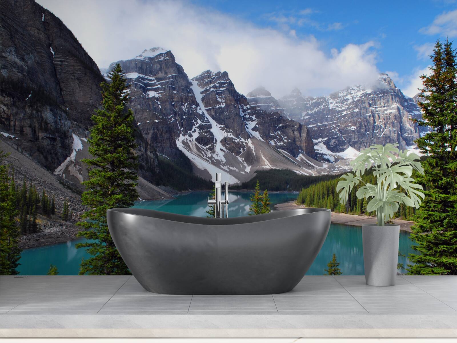 Fotobehang een meer met blauw water aan de voet van bergtoppen