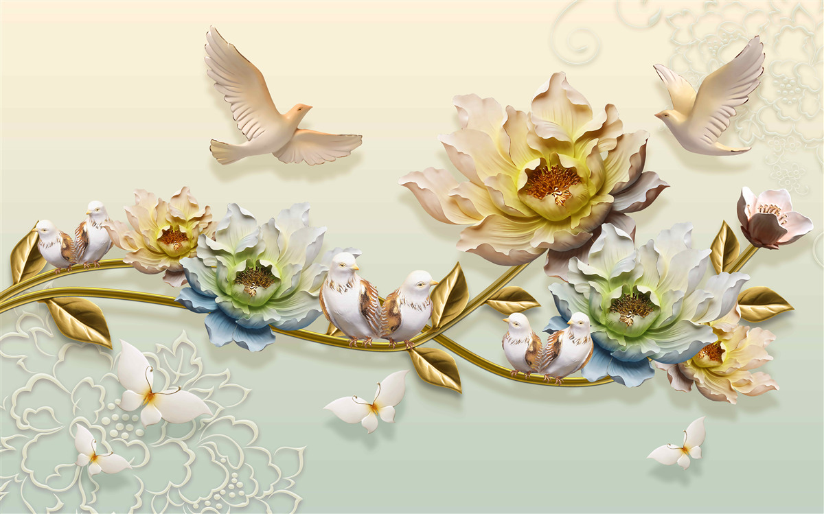 Fotobehang tak versierd met bloemen, duiven erop