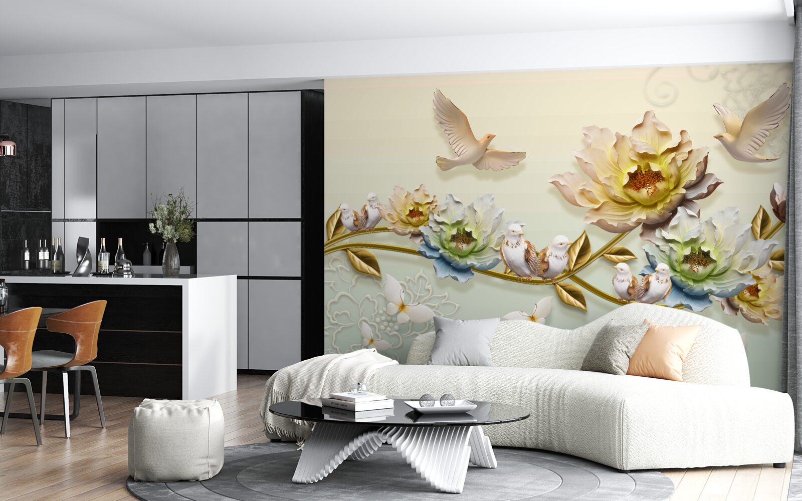 Fotobehang tak versierd met bloemen, duiven erop