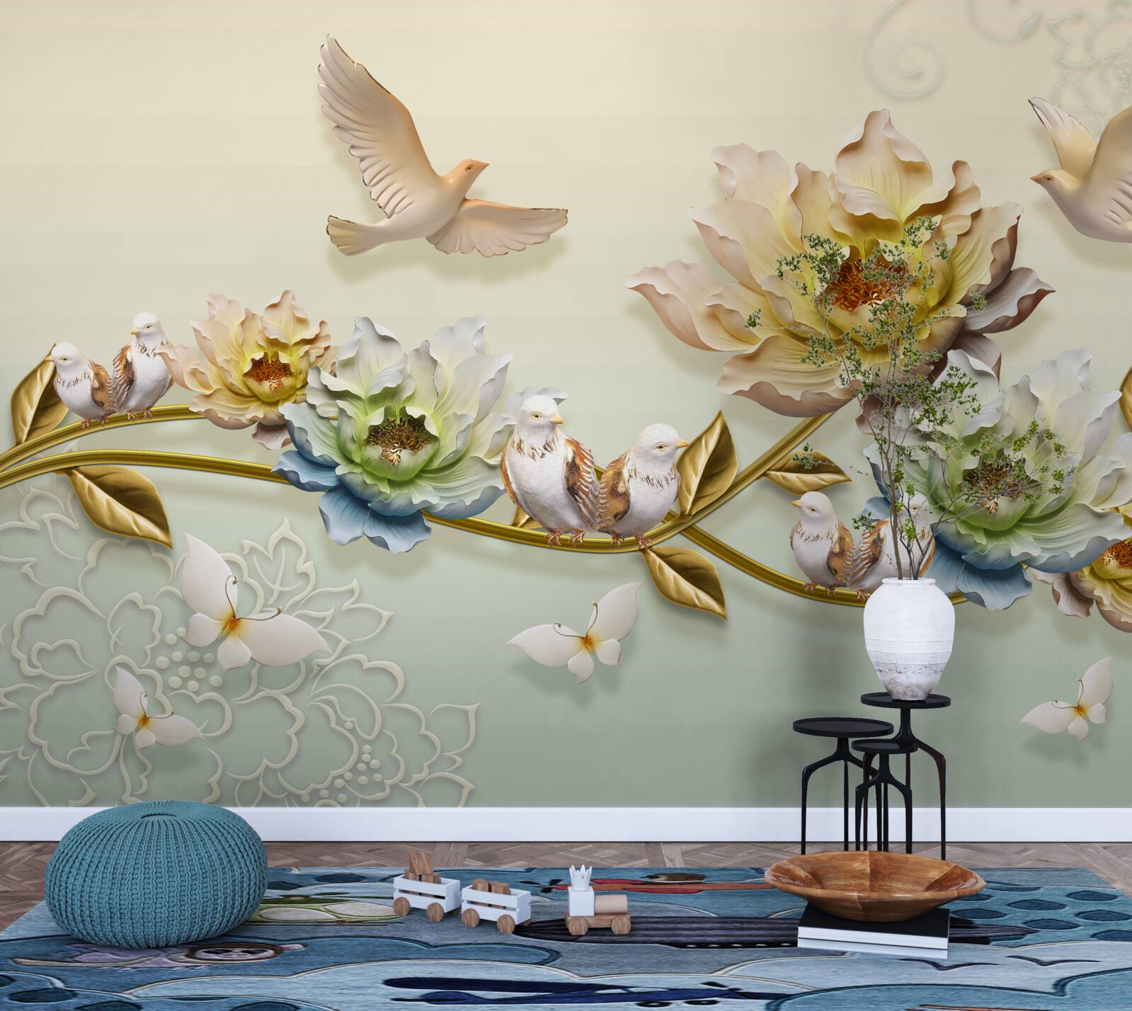 Fotobehang tak versierd met bloemen, duiven erop