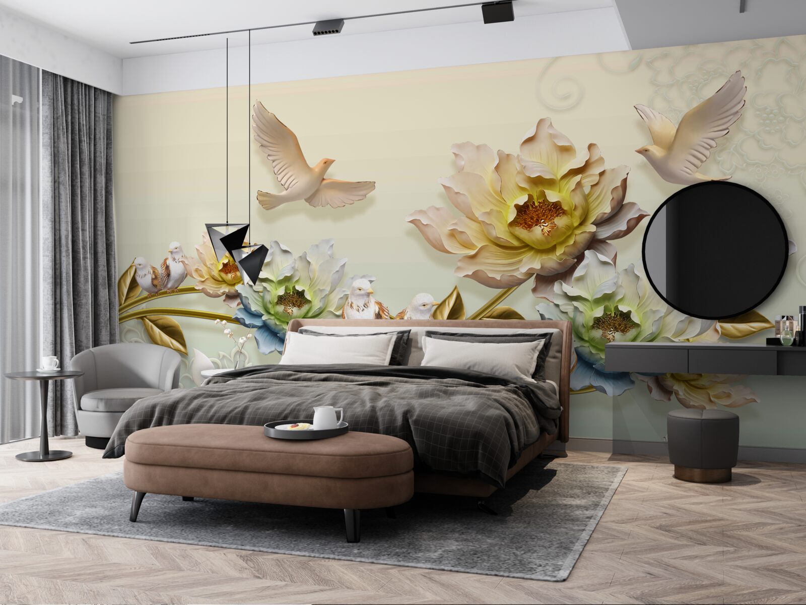 Fotobehang tak versierd met bloemen, duiven erop