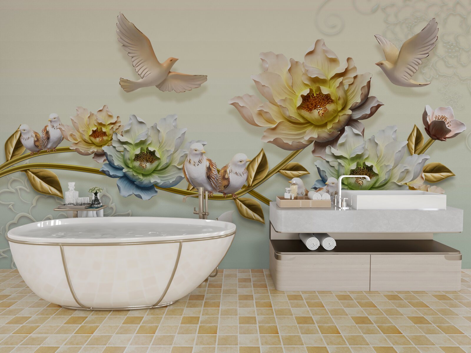 Fotobehang tak versierd met bloemen, duiven erop