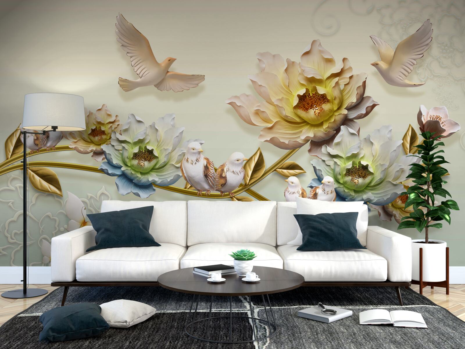 Fotobehang tak versierd met bloemen, duiven erop