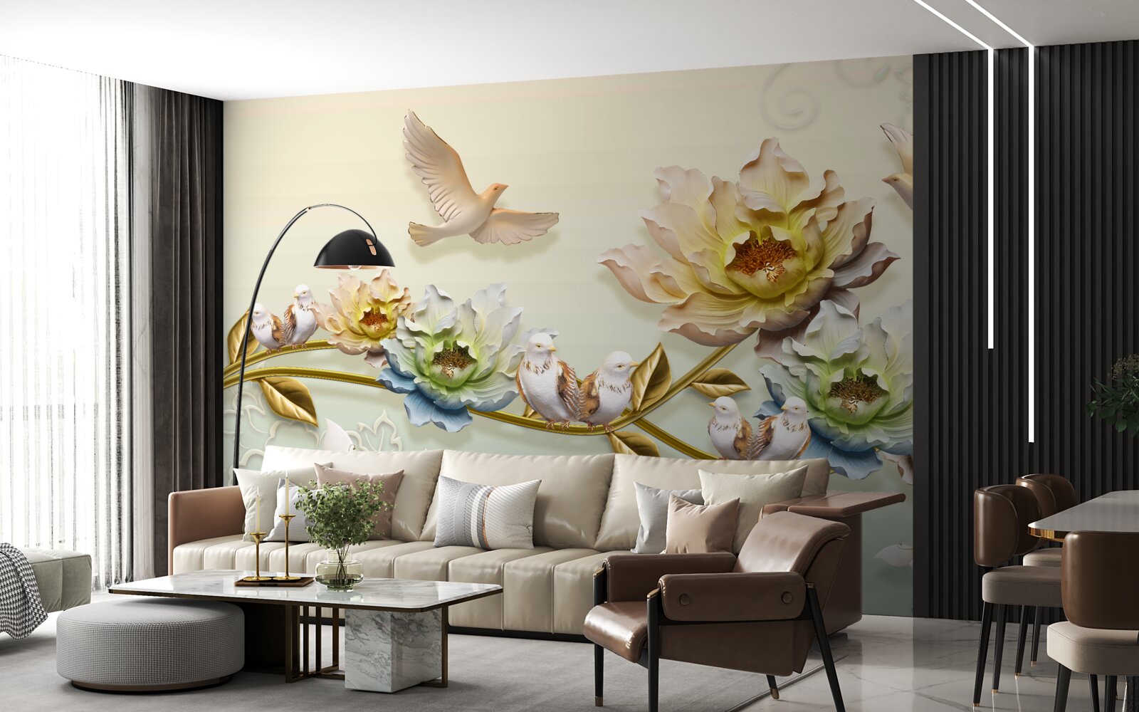 Fotobehang tak versierd met bloemen, duiven erop