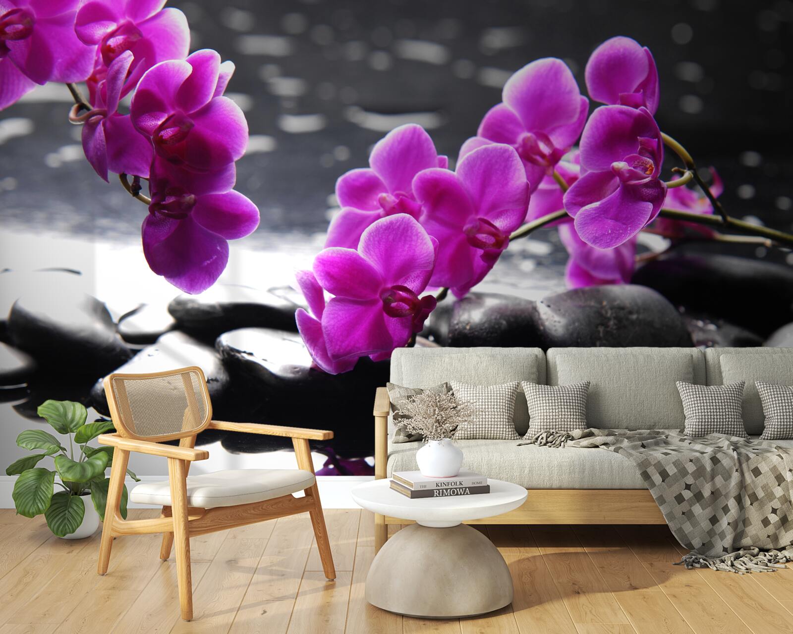 Fotobehang orchidee met lila tint, gezet op matzwarte stenen