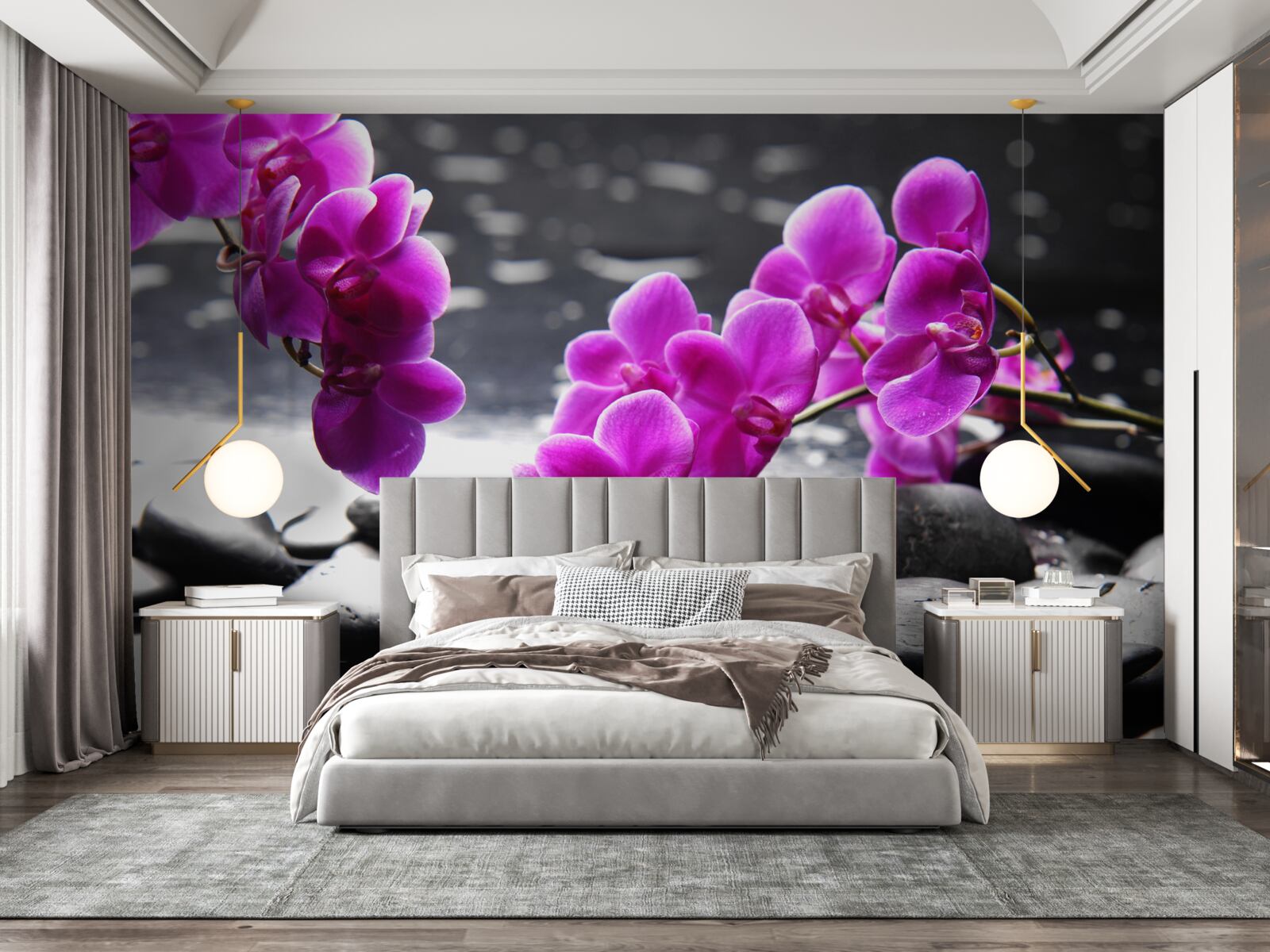 Fotobehang orchidee met lila tint, gezet op matzwarte stenen
