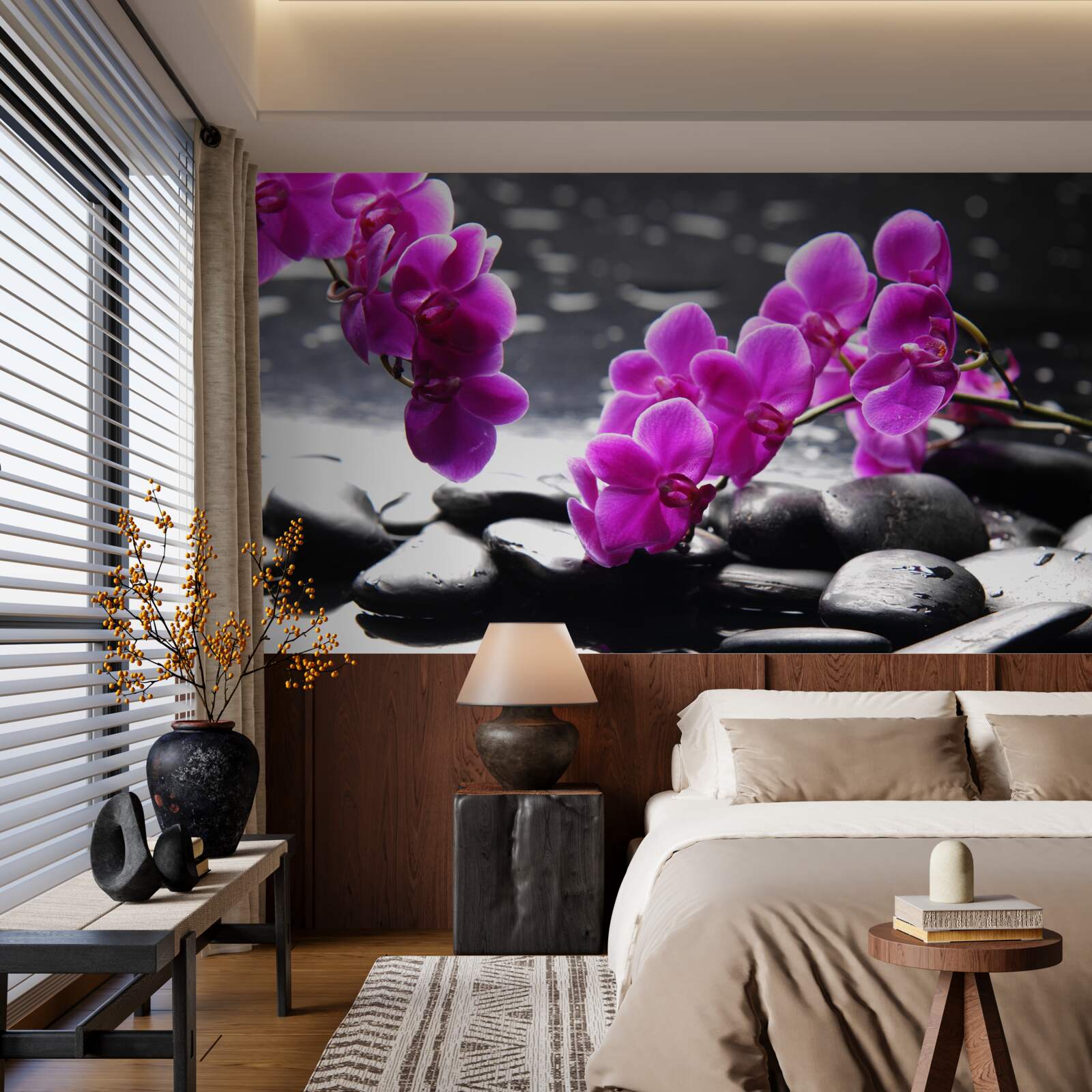Fotobehang orchidee met lila tint, gezet op matzwarte stenen