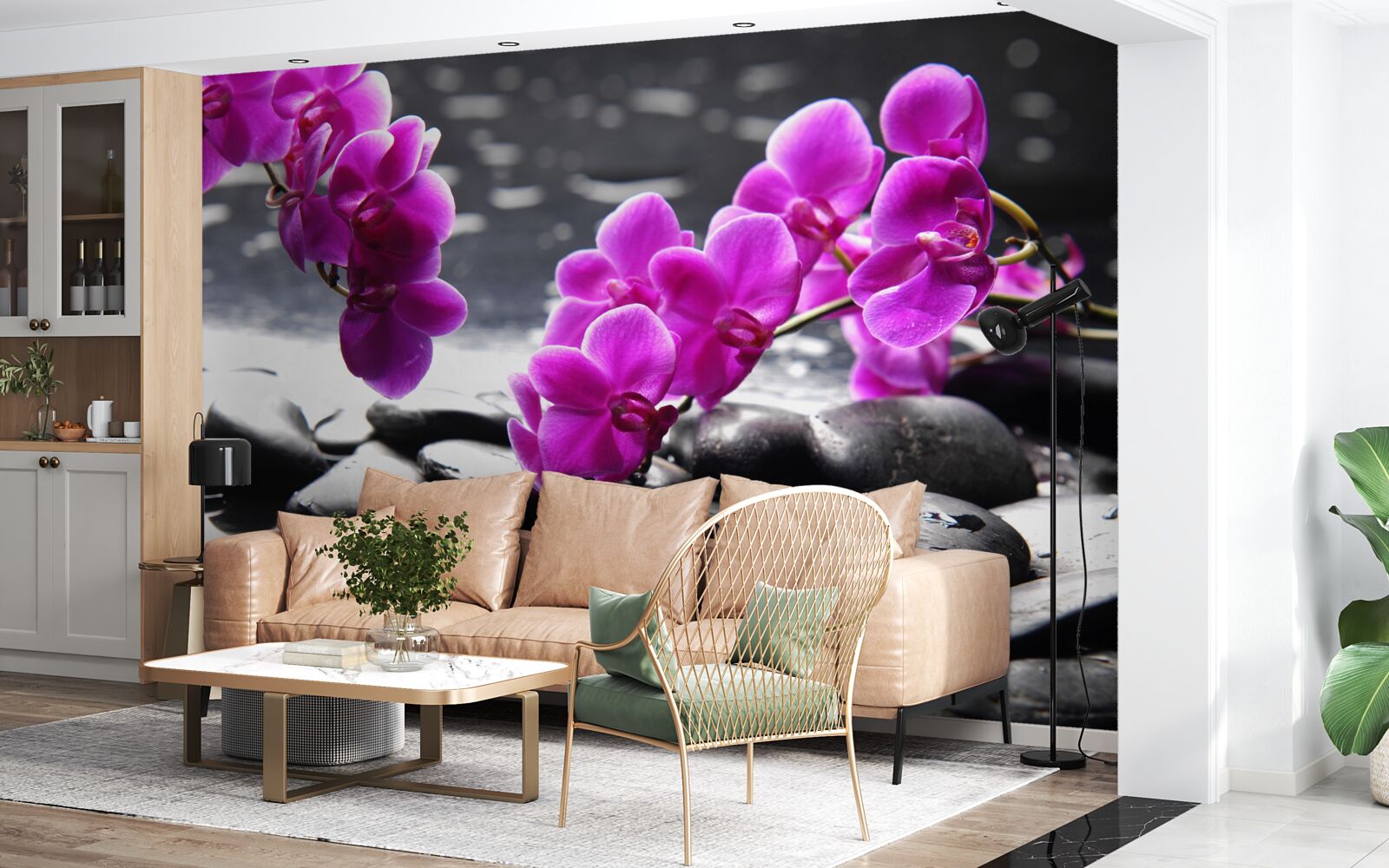 Fotobehang orchidee met lila tint, gezet op matzwarte stenen