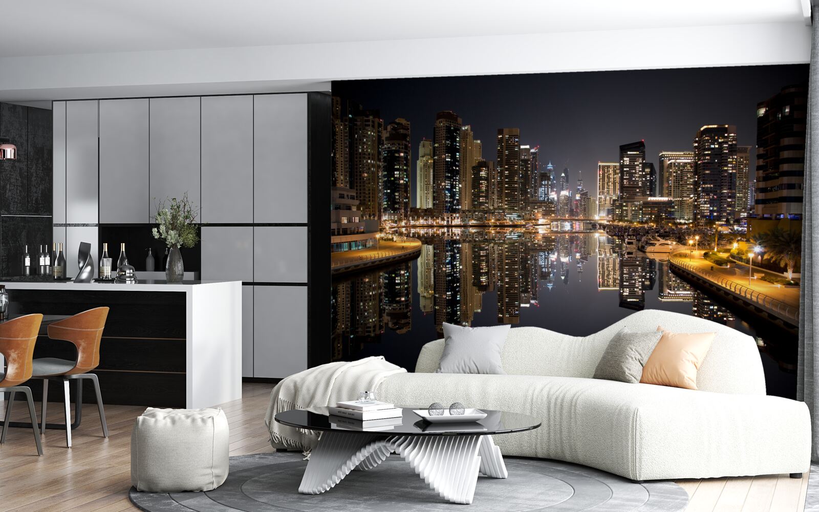 Fotobehang weerspiegeling van wolkenkrabbers in water