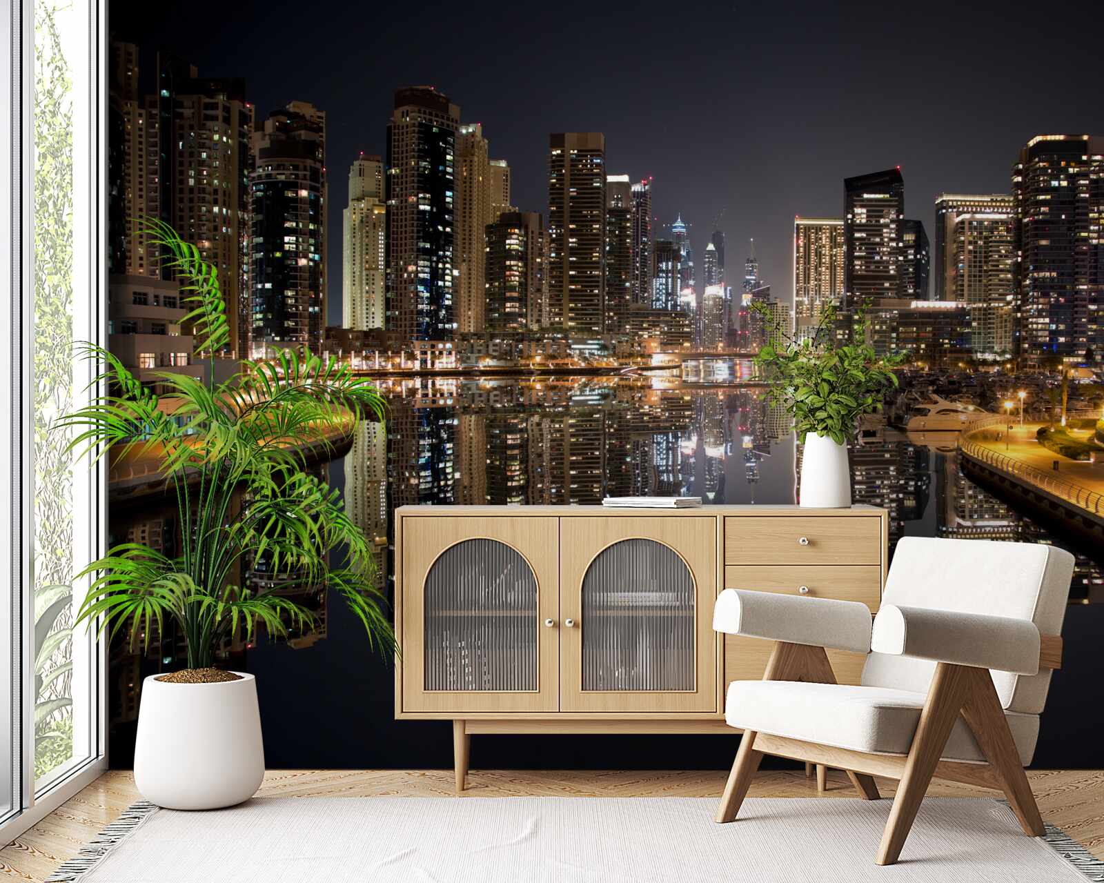 Fotobehang weerspiegeling van wolkenkrabbers in water