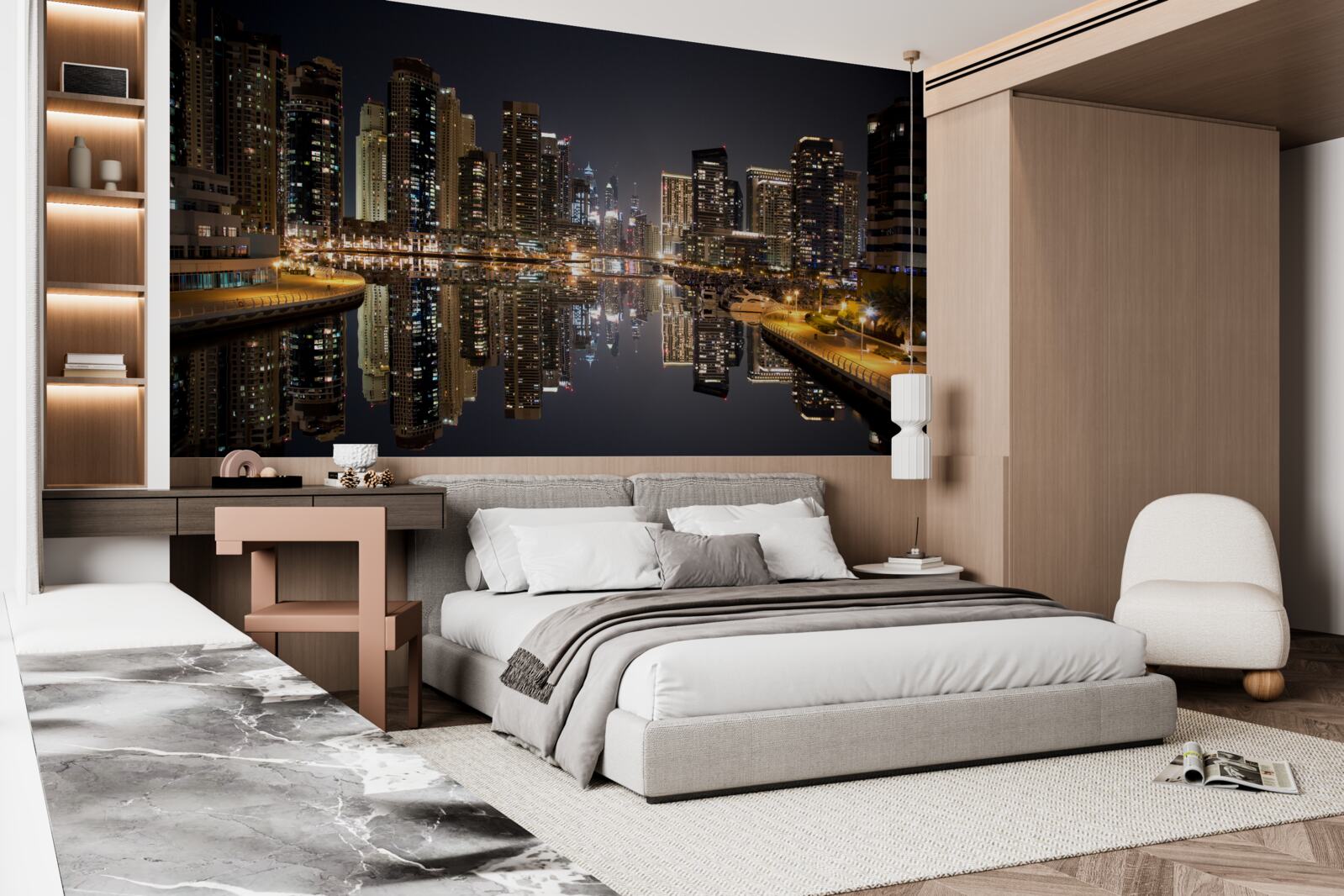 Fotobehang weerspiegeling van wolkenkrabbers in water