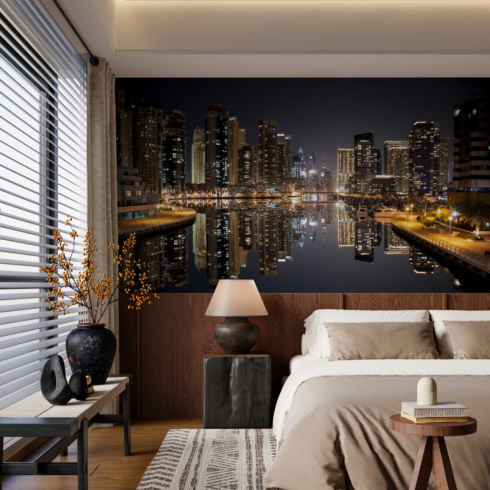 Fotobehang weerspiegeling van wolkenkrabbers in water