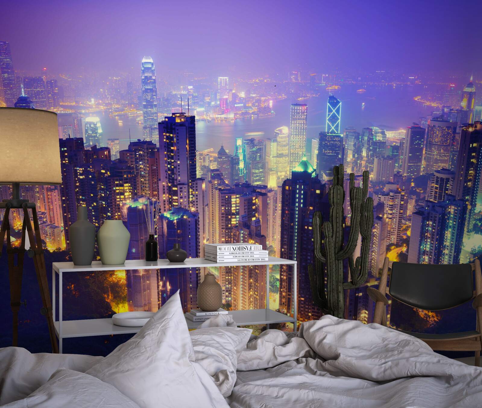 Fotobehang hong kong bij nacht heeft een prachtige skyline