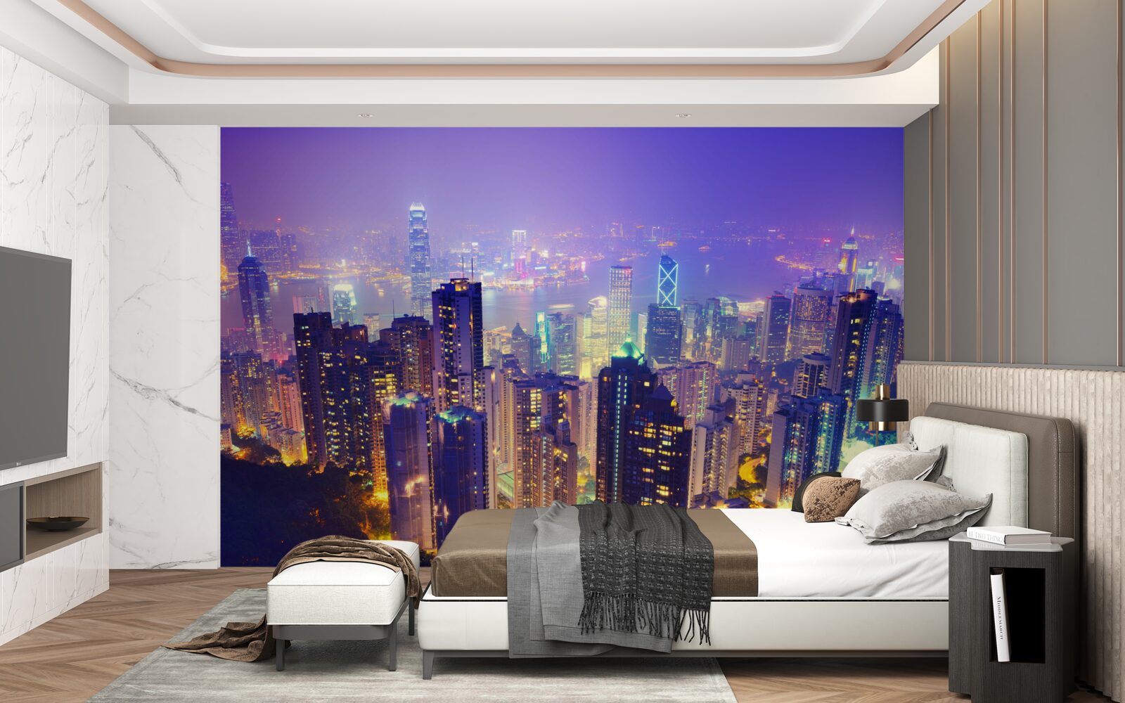 Fotobehang hong kong bij nacht heeft een prachtige skyline