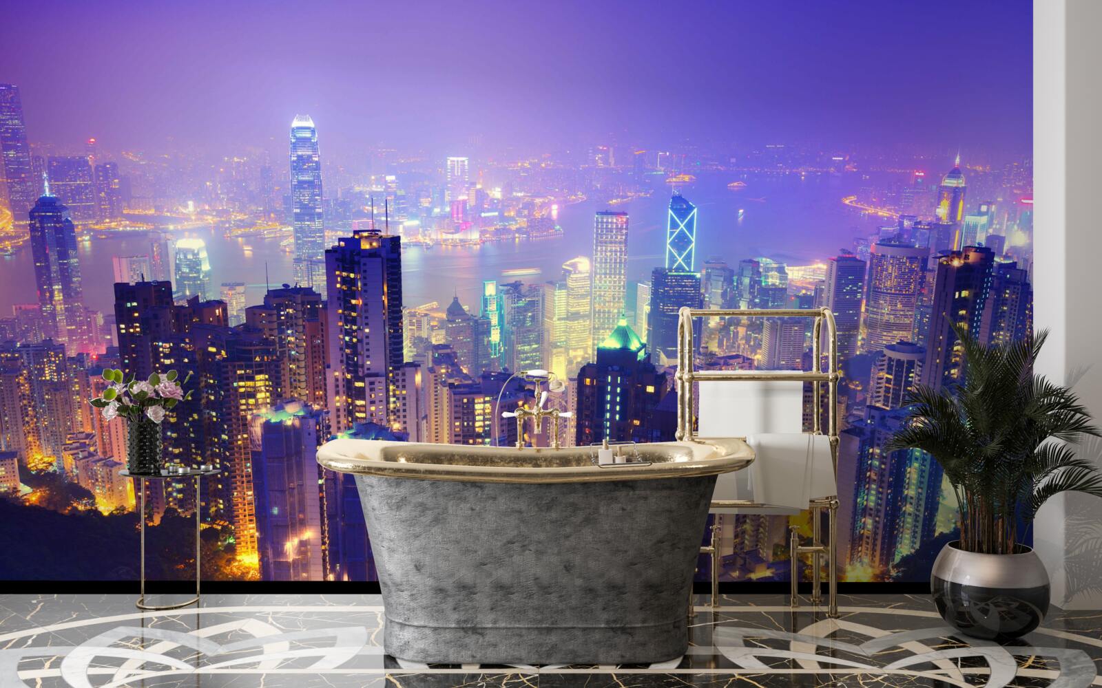 Fotobehang hong kong bij nacht heeft een prachtige skyline