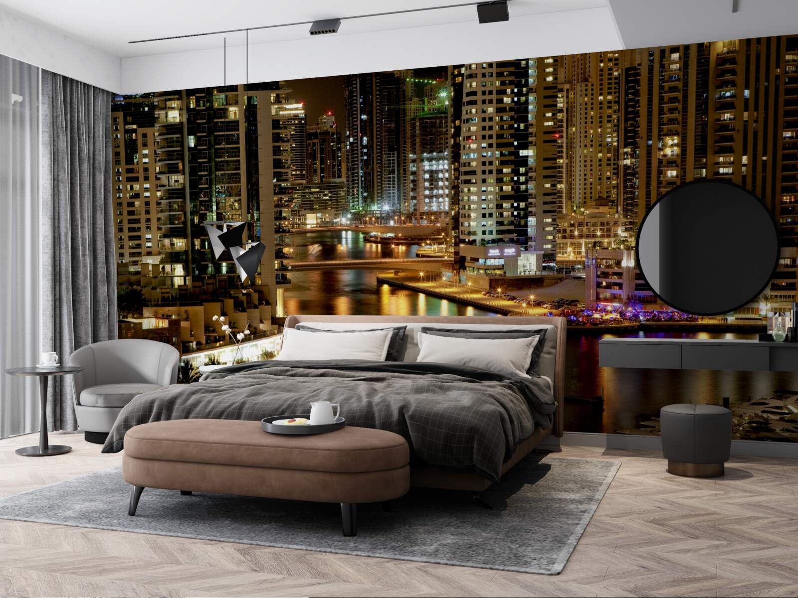 Fotobehang nachtpier met boten