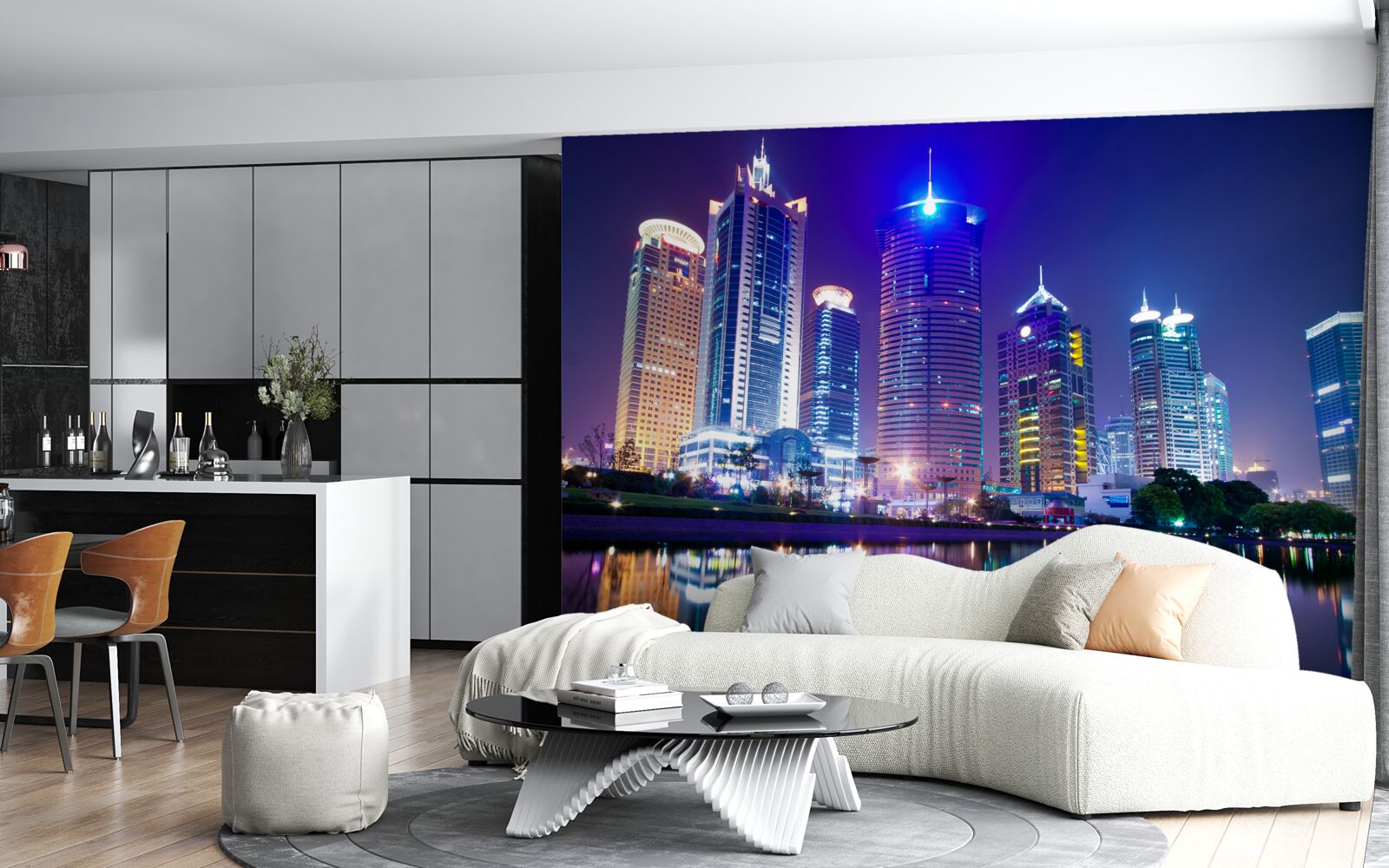 Fotobehang weerspiegelingen van wolkenkrabbers bij nacht