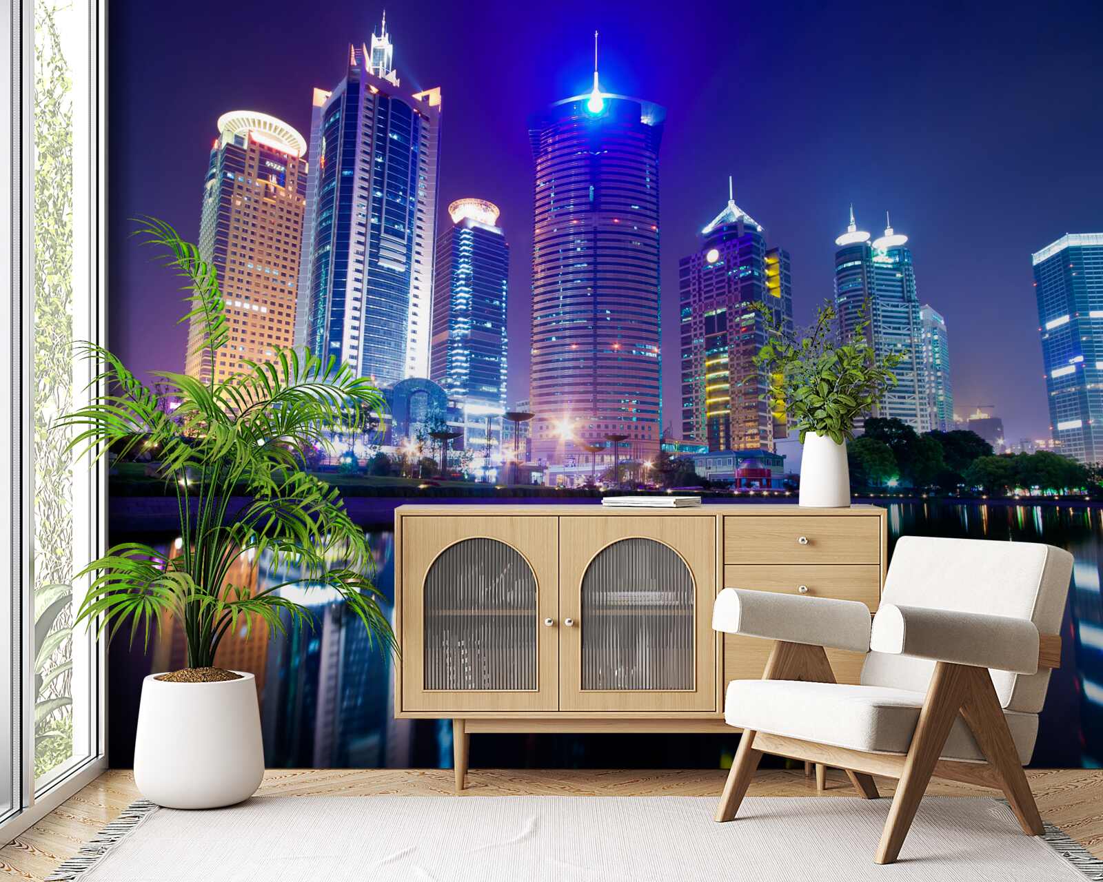 Fotobehang weerspiegelingen van wolkenkrabbers bij nacht